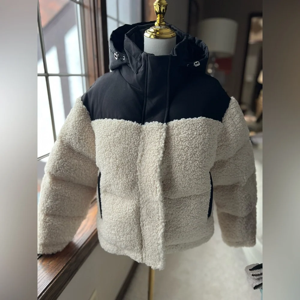 Maje Black Cream High Pile Fleece Faux Shearling Hoodie Puffer Jacket Sz 0 (XS) - Picture 5 of 16